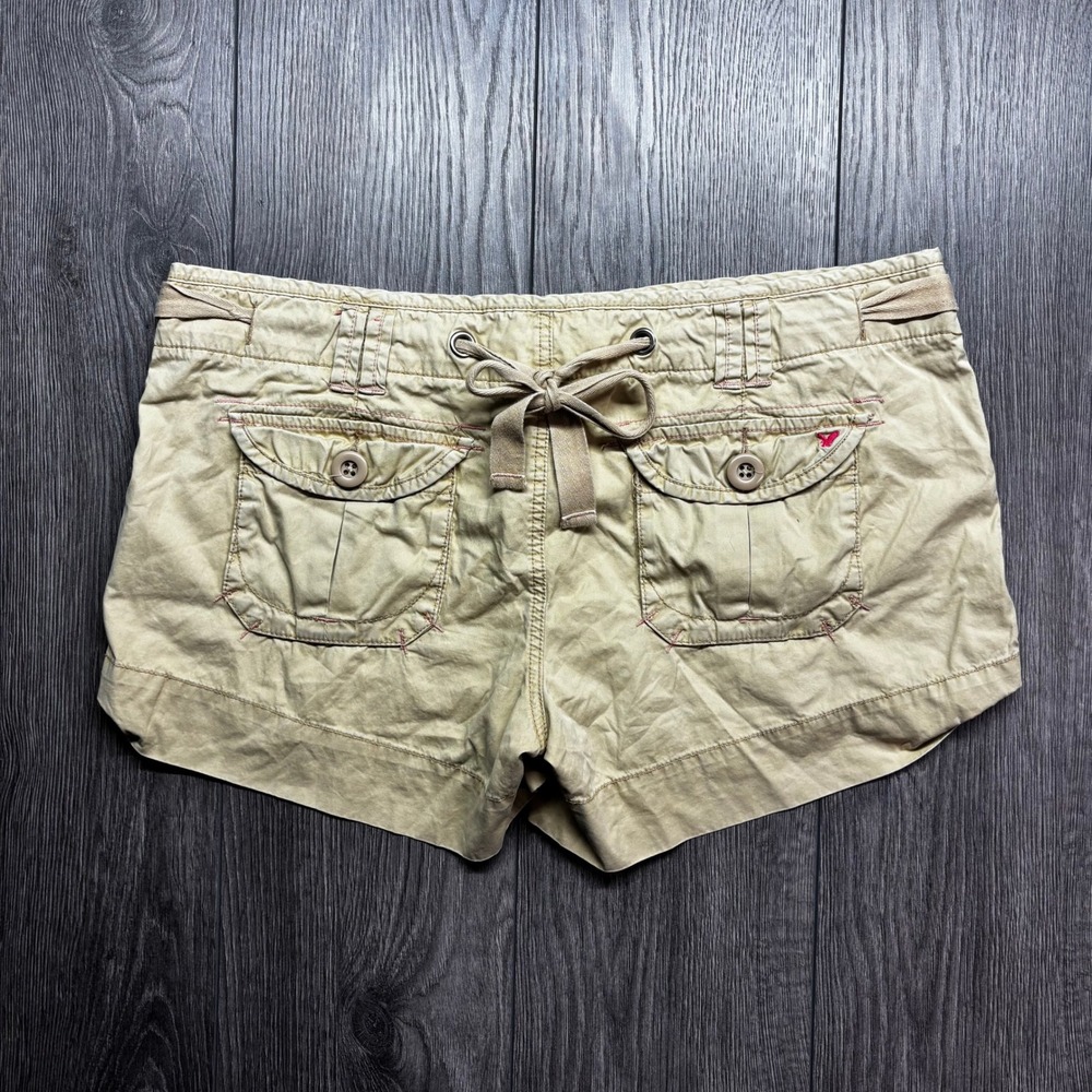 American Eagle Khaki Cargo Shorts Womens 14 Tan Y2K Low Rise Cotton Mini Utility